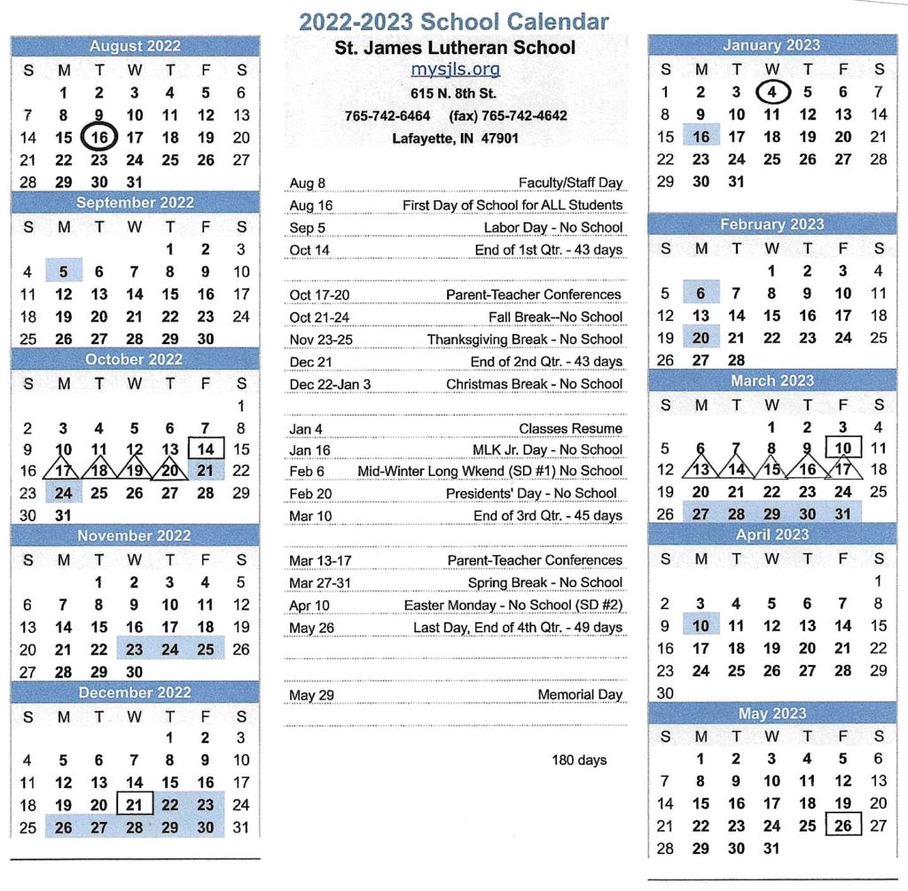 2022-2023 School Year Calendar | St. James Lutheran School